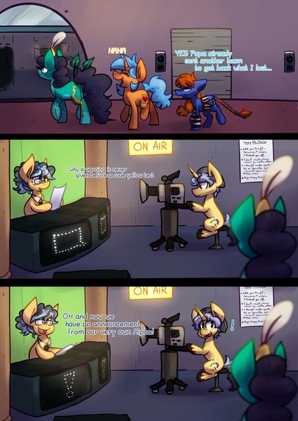 Size: 1024x1449 | Tagged: safe, artist:crownedspade, derpibooru import, oc, oc:arabella, oc:heart break, oc:jail break, unofficial characters only, pony, unicorn, comic:spade sisters, camera, comic, exclamation point, female, glasses, mare, tv studio, walking