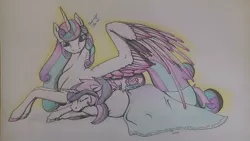 Size: 1024x576 | Tagged: safe, artist:oneiria-fylakas, derpibooru import, princess flurry heart, oc, oc:shiny heart, unofficial characters only, pony, unicorn, blanket, colored wings, colored wingtips, female, mare, offspring, older, parent:princess cadance, parent:shining armor, parents:shiningcadance, prone, sisters, sleeping, traditional art