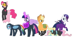 Size: 4823x2574 | Tagged: safe, artist:blackgryph0n, artist:slim-shady, derpibooru import, applejack, fluttershy, mare do well, pinkie pie, rainbow dash, rarity, twilight sparkle, twilight sparkle (alicorn), alicorn, earth pony, pegasus, pony, unicorn, absurd resolution, boots, bunny ears, catsuit, clothes, costume, cowboy hat, dangerous mission outfit, female, fireproof boots, glowing horn, goggles, hat, hoodie, levitation, looking at you, magic, mane six, mare, saddle bag, simple background, smiling, stetson, telekinesis, transparent background, watermark
