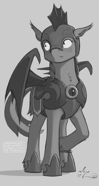 Size: 640x1200 | Tagged: safe, artist:amarynceus, deleted from derpibooru, derpibooru import, bat pony, pony, armor, blushing, fangs, female, mare, monochrome, night guard, simple background, solo