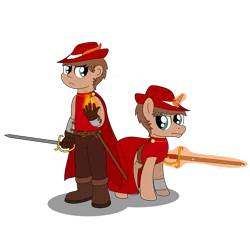 Size: 1600x1600 | Tagged: safe, artist:peternators, derpibooru import, oc, oc:heroic armour, unofficial characters only, human, pony, unicorn, cape, clothes, hat, human ponidox, humanized, magic, rapier, red mage, self paradox, self ponidox, simple background, sword, transparent background, weapon