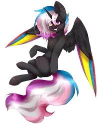 Size: 3145x3985 | Tagged: safe, artist:montyowl, derpibooru import, oc, oc:flaming rainbow, unofficial characters only, alicorn, pony, alicorn oc, colored wings, female, grin, heterochromia, mare, multicolored wings, simple background, smiling, solo, spread wings, transparent background