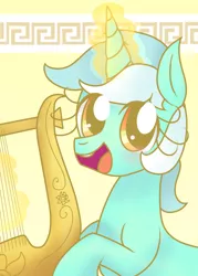 Size: 600x840 | Tagged: artist:glitterclamopera, derpibooru import, glowing horn, harp, lyra heartstrings, magic, musical instrument, safe, solo