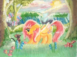 Size: 1294x964 | Tagged: safe, artist:loveless-nights, derpibooru import, fluttershy, butterfly, mouse, pegasus, pony, acrylic painting, canvas, female, floppy ears, folded wings, forest, looking at something, looking down, mare, outdoors, paint, painting, profile, smiling, solo, standing, traditional art, tree, wings