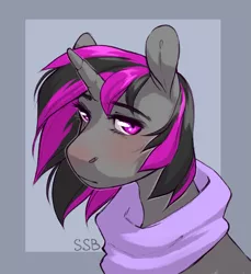 Size: 929x1013 | Tagged: safe, derpibooru import, oc, oc:midnight aperture, unofficial characters only, pony, unicorn, bust, clothes, cute, eyebrows, horn, icon, multicolored hair, portrait, scarf, solo