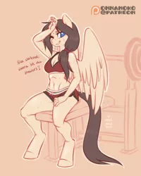 Size: 960x1200 | Tagged: anthro, artist:onnanoko, breasts, cleavage, clothes, derpibooru import, female, gym, midriff, oc, oc:steelshine, patreon, patreon logo, pegasus, rule 63, safe, solo, sports bra, sweat, unguligrade anthro, unofficial characters only