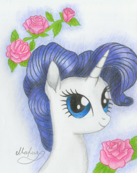 Size: 2383x3000 | Tagged: safe, artist:mariafauna, derpibooru import, rarity, alternate hairstyle, flower, rose, signature, solo, traditional art