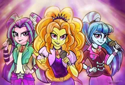 Size: 1000x676 | Tagged: safe, artist:sophillia, derpibooru import, adagio dazzle, aria blaze, sonata dusk, equestria girls, rainbow rocks, microphone, signature, singing, the dazzlings