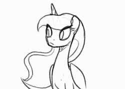 Size: 778x554 | Tagged: safe, artist:inlucidreverie, derpibooru import, princess luna, alicorn, pony, animated, frame by frame, gif, lineart, monochrome, solo, traditional animation