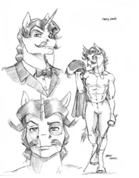 Size: 1126x1446 | Tagged: abs, anthro, artist:baron engel, clothes, derpibooru import, fancypants, male, monochrome, monocle, partial nudity, pencil drawing, rapier, simple background, sketch, smiling, solo, solo male, suggestive, sword, topless, traditional art, unguligrade anthro, weapon, white background