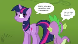 Size: 1092x615 | Tagged: butt sniffing, derpibooru import, dragon, edit, edited screencap, eyes on the prize, keep calm and flutter on, plot, screencap, spike, suggestive, text, twilight sparkle
