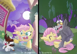 Size: 4961x3508 | Tagged: safe, artist:wolfmarian, derpibooru import, fluttershy, pipsqueak, hengstwolf, werewolf, wolf, absurd resolution, wereshy