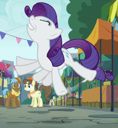 Size: 600x650 | Tagged: safe, derpibooru import, screencap, lucky breaks, neigh sayer, pegasus olsen, peggy holstein, rarity, earth pony, pony, unicorn, the gift of the maud pie, animated, animation error, background pony, behaving like a bird, behaving like pinkie pie, eyes closed, female, flailing, flapping, flying, frown, gif, grin, loop, mare, missing horn, rarara, rarity.exe has stopped, smiling, solo focus, watching, wide eyes, worried
