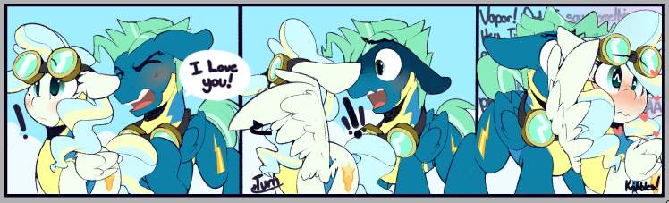 Size: 748x227 | Tagged: safe, artist:kribbles, derpibooru import, sky stinger, vapor trail, pegasus, pony, blushing, clothes, comic, confession, cute, dialogue, embarrassed, exclamation point, eyes closed, female, floppy ears, goggles, heart, male, open mouth, shipping, straight, uniform, vaporsky, wavy mouth, wonderbolt trainee uniform