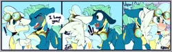 Size: 748x227 | Tagged: safe, artist:kribbles, derpibooru import, sky stinger, vapor trail, pegasus, pony, blushing, clothes, comic, confession, cute, dialogue, embarrassed, exclamation point, eyes closed, female, floppy ears, goggles, heart, male, open mouth, shipping, straight, uniform, vaporsky, wavy mouth, wonderbolt trainee uniform