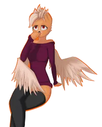 Size: 2155x2686 | Tagged: anthro, artist:owlnon, clothes, crossed legs, derpibooru import, oc, oc:ruby rustfeather, safe, simple background, solo, stockings, sweater, thigh highs, transparent background, unofficial characters only, wings