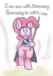 Size: 1200x1700 | Tagged: safe, artist:heir-of-rick, derpibooru import, pinkie pie, earth pony, pony, bipedal, cape, chirrut imwe, clothes, crossover, looking at you, no pupils, quote, rogue one: a star wars story, solo, stick