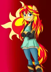 Size: 2480x3507 | Tagged: safe, artist:zeskii, derpibooru import, sunset shimmer, equestria girls, boots, buckle, clothes, crossed arms, eared humanization, equestria girls outfit, female, high heel boots, horned humanization, human facial structure, jacket, leather jacket, pants, ponied up, remastered, smirk, solo, tail, tailed humanization