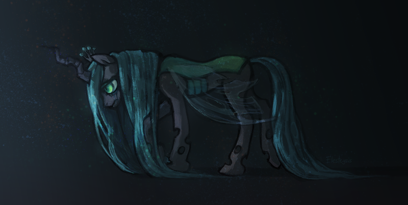 Size: 1500x756 | Tagged: artist:elesteyzis, changeling, crying, derpibooru import, queen chrysalis, sad, safe, solo, walking