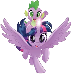 Size: 3000x3100 | Tagged: safe, artist:cheezedoodle96, derpibooru import, spike, twilight sparkle, twilight sparkle (alicorn), alicorn, dragon, pony, my little pony: the movie, .svg available, dragons riding ponies, duo, female, flying, male, mare, riding, simple background, svg, transparent background, vector, windswept mane