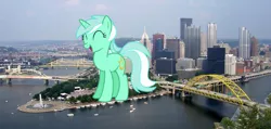 Size: 1024x489 | Tagged: safe, artist:edselrobin, artist:jerryakira79, derpibooru import, lyra heartstrings, pony, unicorn, eyes closed, giant lyra heartstrings, giant pony, highrise ponies, irl, macro, mega lyra, photo, pittsburgh, ponies in real life, smiling, solo, united states