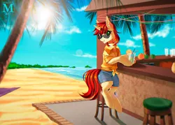 Size: 1500x1075 | Tagged: safe, artist:margony, derpibooru import, oc, oc:velvet pastry, unofficial characters only, pony, unicorn, bar, beach, bendy straw, beverage, bipedal, commission, drinking straw, glass, island, sand, sitting, solo, stool, straw, sunglasses