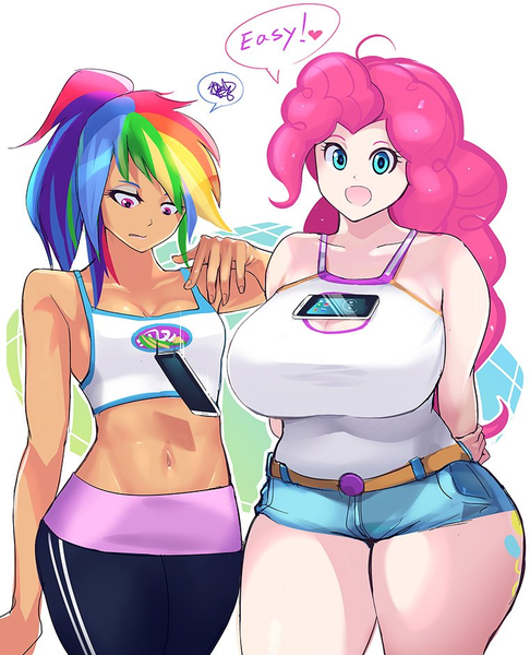 1078559 - artist:chigusa, belly button, big breasts, breast envy, breasts,  busty pinkie pie, clothes, curvy, cutie mark on human, daisy dukes,  derpibooru import, female, huge breasts, human, humanized, midriff, mobile  phone, open