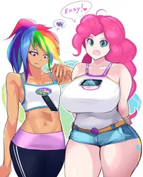 Size: 762x941 | Tagged: artist:chigusa, belly button, big breasts, breast envy, breasts, busty pinkie pie, clothes, curvy, cutie mark on human, daisy dukes, derpibooru import, female, huge breasts, human, humanized, midriff, mobile phone, open mouth, pants, phone, pinkie pie, rainbow dash, shorts, small breasts, speech bubble, sports bra, suggestive, tanktop, tawawa challenge, yoga pants