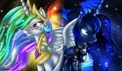 Size: 6848x4000 | Tagged: safe, artist:jeffk38uk, derpibooru import, princess celestia, princess luna, alicorn, pony, absurd resolution, armor, gritted teeth, lunar republic, new lunar republic, solar empire