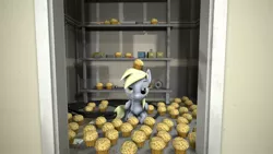 Size: 1920x1080 | Tagged: safe, artist:officialnovalin, derpibooru import, derpy hooves, pegasus, pony, 3d, cable, female, food, lidded eyes, mare, muffin, prone, solo, the stanley parable