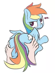 Size: 838x1098 | Tagged: suggestive, artist:mostazathy, derpibooru import, edit, rainbow dash, human, pegasus, pony, 2 handfuls of dat ass, :t, blushing, both cutie marks, butt grab, covering, cute, dashabetes, denied, dialogue, disembodied hand, female, grope, hand, hand on butt, interspecies, looking at you, looking back, mare, molestation, no, non-consensual butt fondling, one word, plot, pouting, rainbutt dash, scrunchy face, simple background, spreading, tail covering, white background