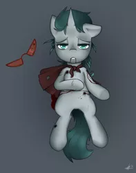 Size: 1280x1626 | Tagged: grimdark, artist:alec, derpibooru import, oc, oc:aquaria lance, unofficial characters only, pony, unicorn, blood, cape, clothes, female, filly, laser, shot, solo, sunglasses