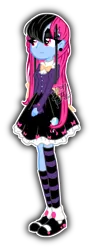 Size: 400x1081 | Tagged: safe, artist:snow angel, derpibooru import, oc, oc:lily mirror, unofficial characters only, equestria girls, bowtie, clothes, dress, equestria girls-ified, eyeshadow, lidded eyes, makeup, shoes, simple background, smiling, socks, solo, standing, striped socks, transparent background