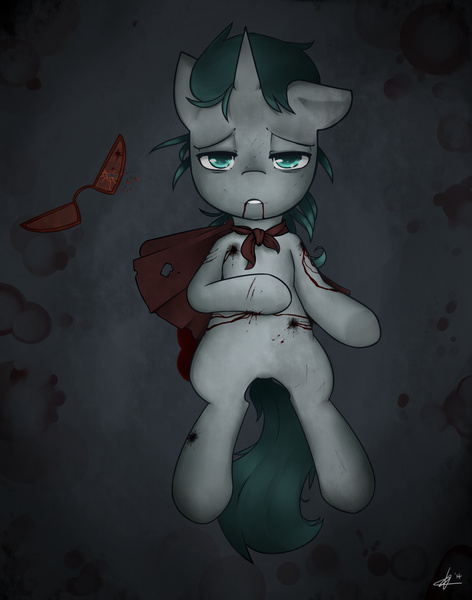 Size: 1280x1626 | Tagged: grimdark, artist:alec, derpibooru import, oc, oc:aquaria lance, unofficial characters only, pony, unicorn, cape, clothes, female, filly, laser, shot, solo, sunglasses
