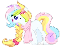 Size: 1060x818 | Tagged: safe, artist:lnspira, derpibooru import, oc, oc:pop cake, unofficial characters only, pony, unicorn, bow, braid, clothes, female, hair bow, heterochromia, mare, scarf, simple background, solo, transparent background