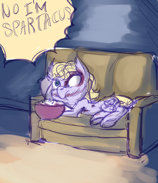 Size: 1280x1487 | Tagged: artist:helloiamyourfriend, colored sketch, couch, derpibooru import, dialogue, food, lying down, oc, oc:edgy cut, popcorn, safe, scar, side, solo, spartacus, unofficial characters only, watching tv