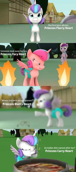 Size: 1920x4320 | Tagged: safe, artist:red4567, derpibooru import, princess cadance, princess flurry heart, alicorn, pony, 3d, absurd resolution, angry, baby, baby pony, blurry, curry, diaper, fire, food, fury, fury heart, glasses, ladle, name pun, princess punny heart, source filmmaker