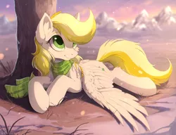 Size: 1280x981 | Tagged: safe, artist:hioshiru, derpibooru import, oc, oc:dandelion blossom, unofficial characters only, pegasus, pony, chromatic aberration, clothes, commission, ear fluff, evening, female, looking up, mare, mountain, prone, scarf, smiling, snow, snowfall, solo, spread wings, tree, ych result