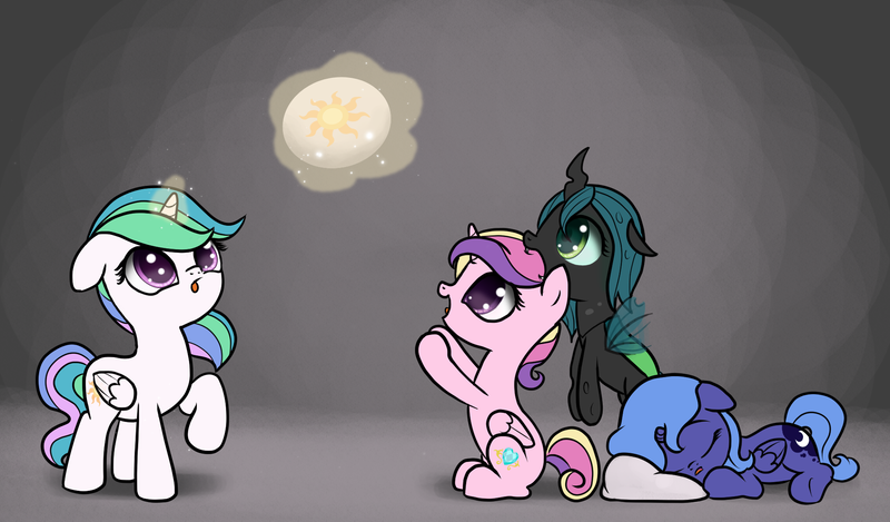 Size: 1958x1147 | Tagged: safe, artist:nimaru, derpibooru import, princess cadance, princess celestia, princess luna, queen chrysalis, alicorn, changeling, nymph, pony, cewestia, chwisalis, cute, cutealis, cutedance, cutelestia, female, filly, filly celestia, filly luna, floppy ears, flying, lunabetes, magic, nom, pillow, raised hoof, sleeping, sleepover, time paradox, woona, younger