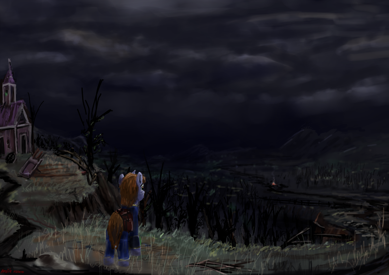 Size: 2480x1753 | Tagged: safe, artist:anttosik, derpibooru import, oc, oc:littlepip, unofficial characters only, pony, unicorn, fallout equestria, fanfic, campfire, clothes, cloud, dark clouds, dead tree, fanfic art, female, horn, mare, pipbuck, scenery, solo, sweet apple acres, tree, vault suit, wasteland