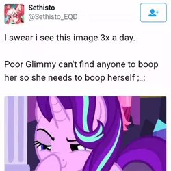 Size: 540x539 | Tagged: safe, derpibooru import, starlight glimmer, pony, unicorn, no second prances, boop, female, glimmerposting, lidded eyes, mare, meta, self-boop, sethisto, twitter