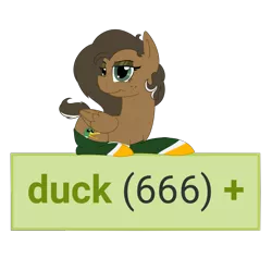 Size: 1080x1072 | Tagged: safe, artist:binkyt11, artist:the smiling pony, derpibooru import, oc, oc:duck badge, ponified, unofficial characters only, duck, pegasus, pony, derpibooru, 666, clothes, derpibooru ponified, derpimilestone, eyeshadow, female, freckles, illuminati confirmed, looking at you, makeup, mare, medibang paint, meme, meta, prone, simple background, socks, solo, tags, transparent background