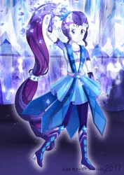 Size: 2894x4093 | Tagged: safe, artist:kateychazuu, derpibooru import, rarity, equestria girls, legend of everfree, absurd resolution, boots, clothes, dress, female, geode of shielding, high heel boots, looking at you, magic, magical geodes, ponied up, pony ears, ponytail, smiling, solo, super ponied up