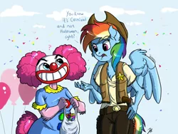 Size: 2000x1500 | Tagged: anthro, artist:shimazun, carnival, clothes, clown, costume, derpibooru import, gun, high octane nightmare fuel, it, mask, nightmare fuel, pennywise, pinkie pie, question mark, rainbow dash, safe, sheriff, stephen king, stephen king's it, weapon