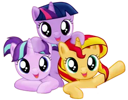 Size: 1157x904 | Tagged: safe, artist:majkashinoda626, derpibooru import, starlight glimmer, sunset shimmer, twilight sparkle, pony, unicorn, counterparts, cute, female, filly, filly starlight glimmer, filly sunset shimmer, filly twilight sparkle, glimmerbetes, hnnng, looking at you, magical trio, shimmerbetes, simple background, smiling, sunsetmajka626 is trying to murder us, transparent background, trio, twiabetes, twilight's counterparts, weapons-grade cute, younger