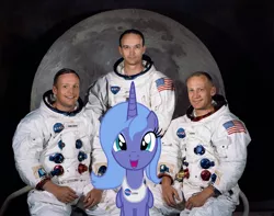 Size: 2639x2077 | Tagged: safe, artist:badumsquish, derpibooru import, princess luna, alicorn, human, pony, buzz aldrin, female, first contact, folded wings, group shot, happy, irl, male, michael collins, moon, nasa, neil armstrong, open mouth, photo, ponies in real life, pose, s1 luna, sitting, smiling