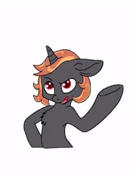 Size: 407x524 | Tagged: safe, artist:pizzamovies, derpibooru import, oc, oc:incendia, unofficial characters only, pony, fanfic:antipodes, chest fluff, cocked eyebrow, female, mare, raised hoof, sarcasm, sassy, smiling, solo