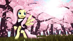 Size: 3840x2160 | Tagged: 3d, artist:pointystarz, cherry blossoms, clothes, derpibooru import, flower, flower blossom, fluttershy, grass, hoodie, katana, open mouth, safe, scarf, source filmmaker, spread wings, sword, weapon