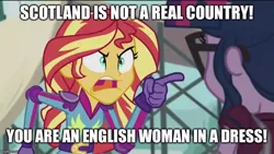 Size: 800x450 | Tagged: safe, derpibooru import, edit, edited screencap, screencap, sci-twi, sunset shimmer, twilight sparkle, equestria girls, angry, demoman, exploitable meme, image macro, meme, racism, scotland, soldier, sunset yells at twilight, team fortress 2