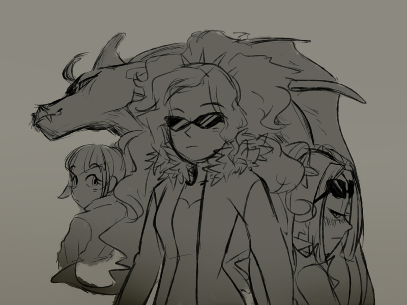 Size: 1400x1050 | Tagged: safe, artist:amazingpuffhair, derpibooru import, adagio dazzle, aria blaze, sonata dusk, hippocampus, equestria girls, clothes, grayscale, monochrome, sunglasses, the dazzlings